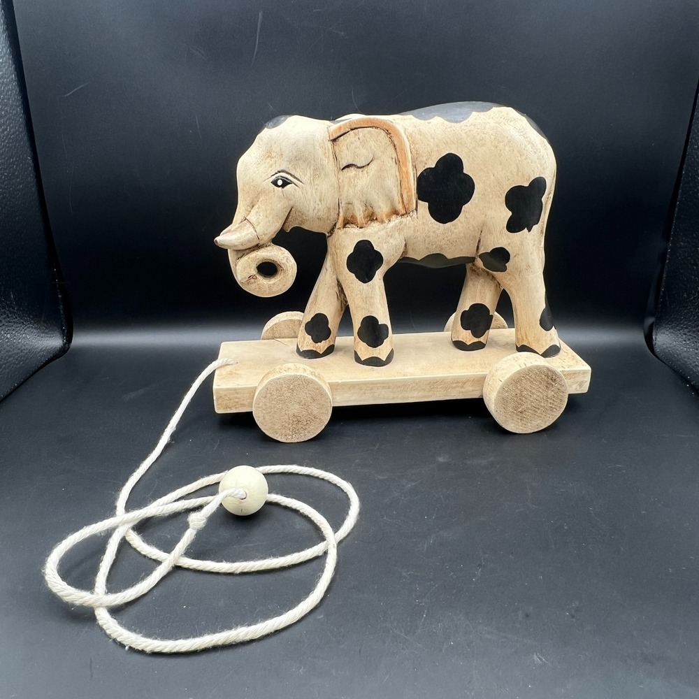 Hanford's Elephant Pull Toy Wooden Cream & Black 8"‎ tall Taiwan